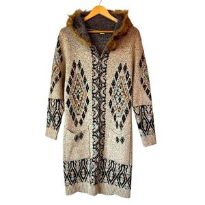 Knit Zipper Front Cardigan Faux Fur Hood Sweater Coat Jacket, Gray, Medium